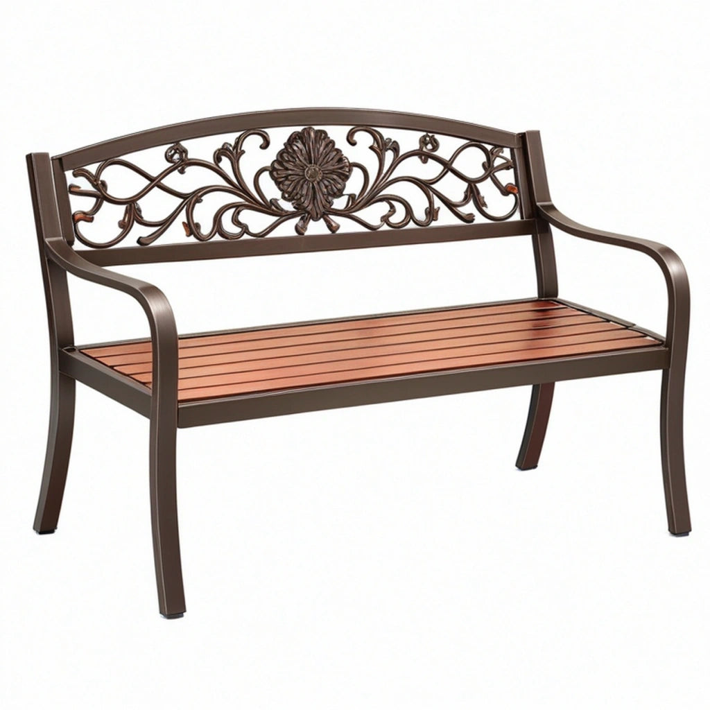Panchina da giardino 125 x 60 x 90 cm in metallo marrone con schienale decorativo