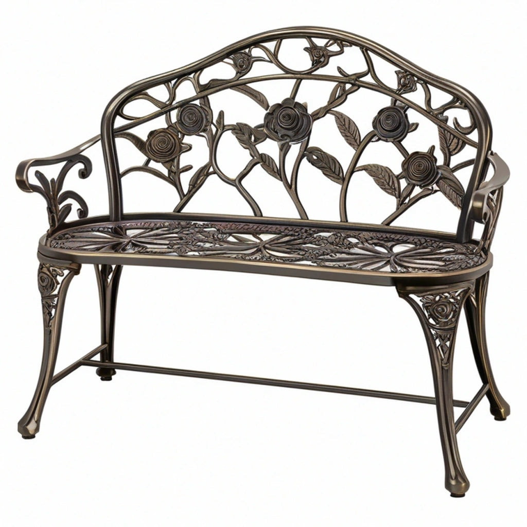 Panchina da giardino 120 x 60 x 95 cm in metallo bronzo con motivo floreale stile classico