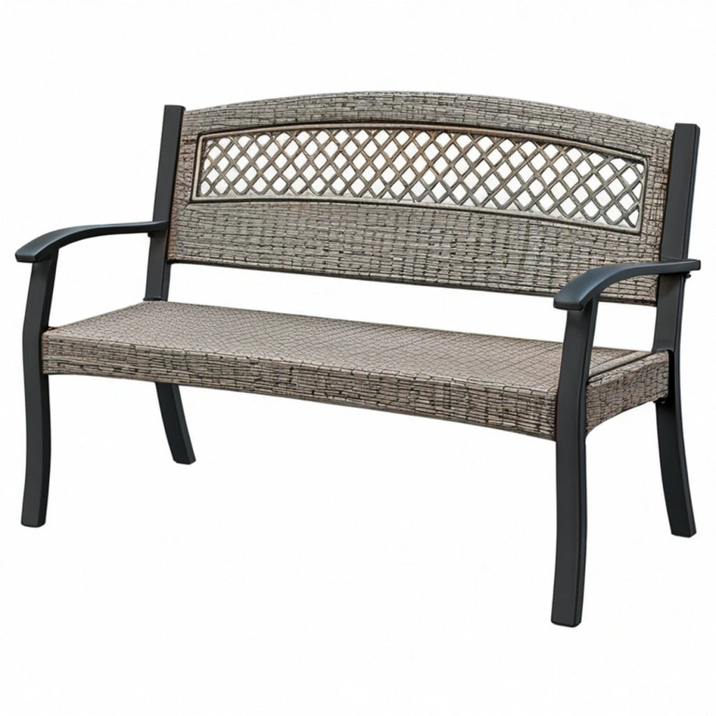 Panca da giardino 120 x 60 x 88 cm in metallo e rattan sintetico grigio e nero - seduta da esterno con braccioli