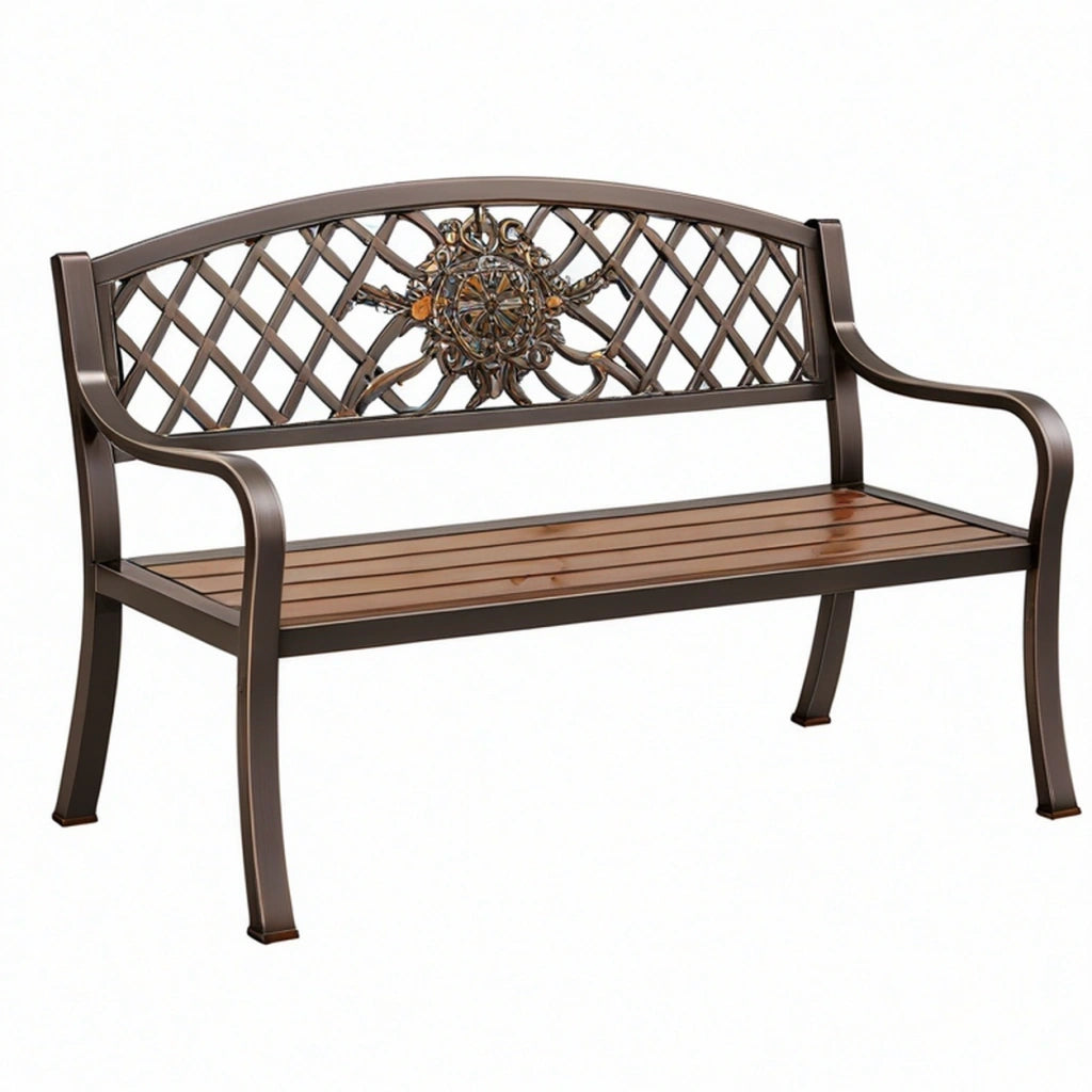 Panca da giardino 122 x 63 x 88 cm in metallo marrone con schienale decorativo classico