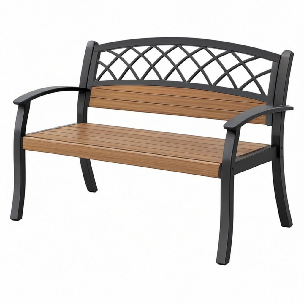 Panca da giardino 122 x 62 x 88 cm in metallo nero e doghe effetto legno con schienale decorativo