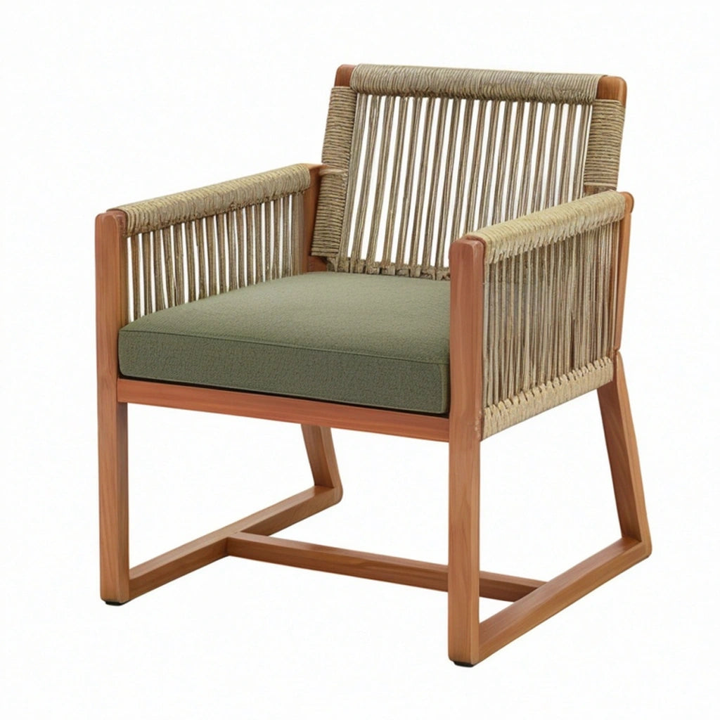 Poltrona 70 x 75 x 80 cm in legno e corda beige con cuscino verde per esterno