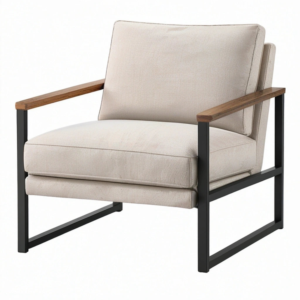 Poltrona 76 x 80 x 84 cm in tessuto beige con struttura in metallo e braccioli in legno stile moderno