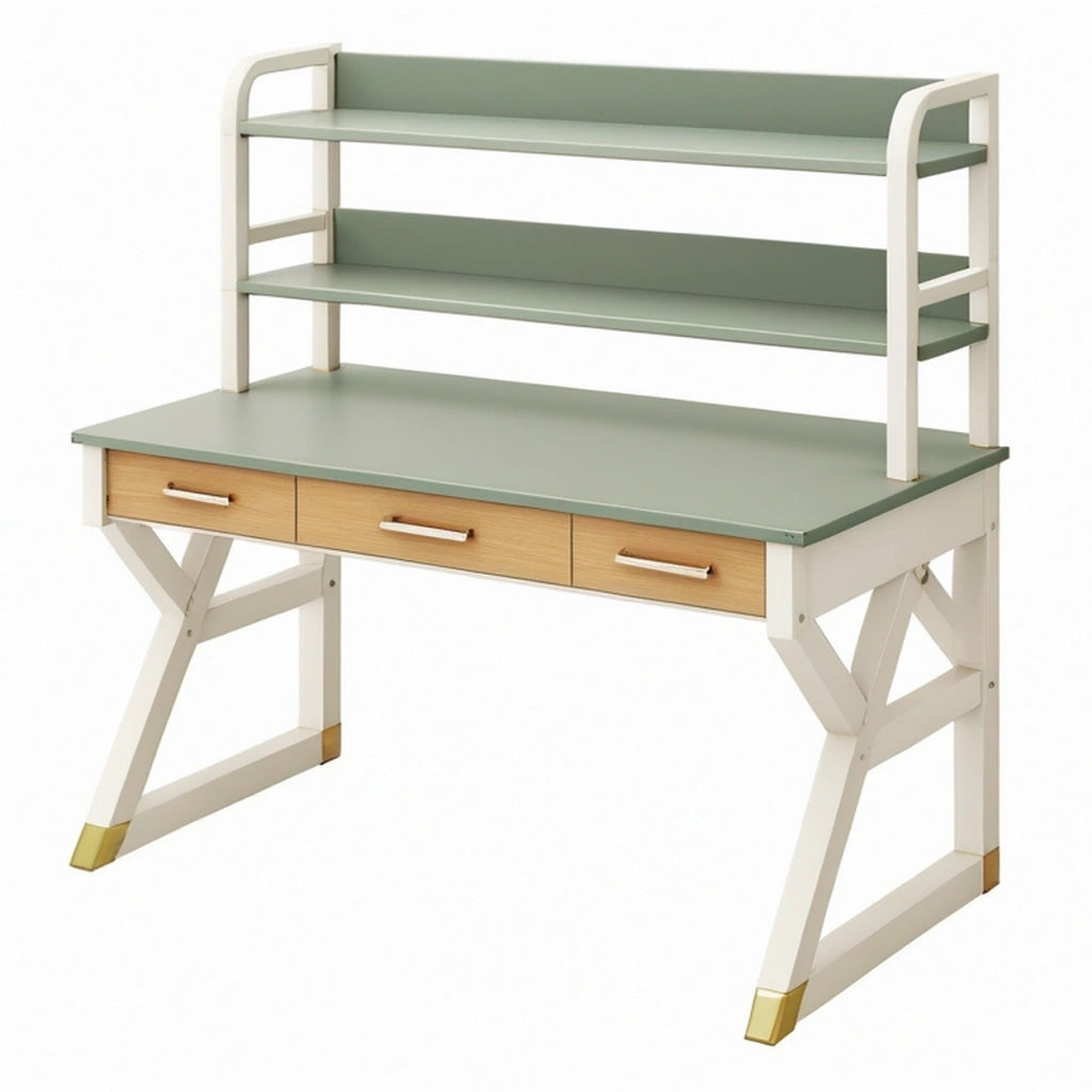 Scrivania con mensole 120 x 60 x 145 cm in legno bianco e verde salvia con 3 cassetti