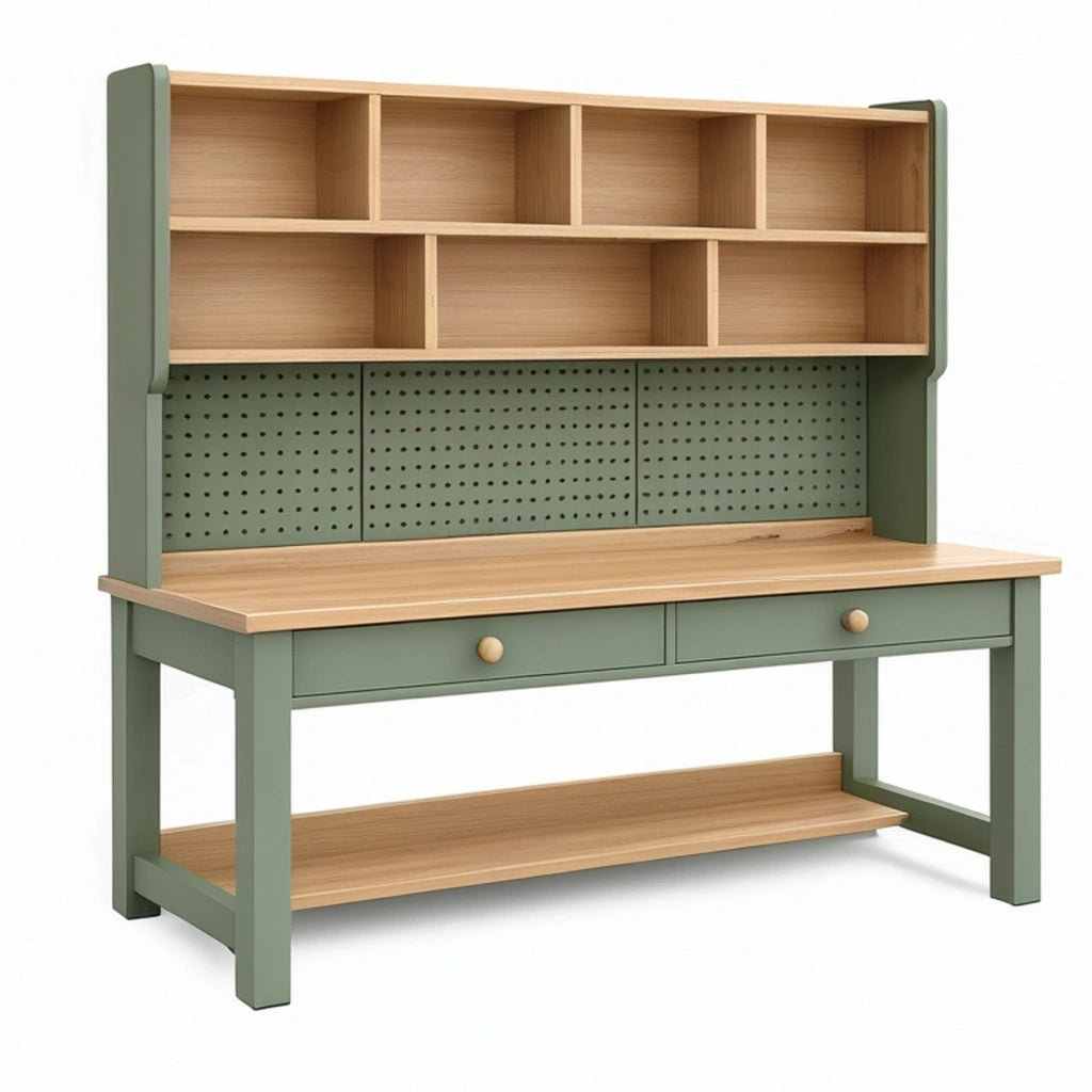 Scrivania con libreria 120 x 60 x 180 cm in legno verde salvia con cassetti e pannello perforato