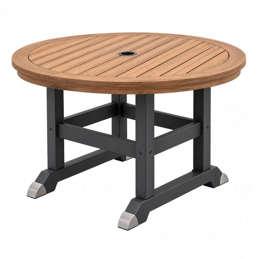 Tavolo da giardino rotondo diametro 120 cm in legno marrone e metallo nero con foro per ombrellone