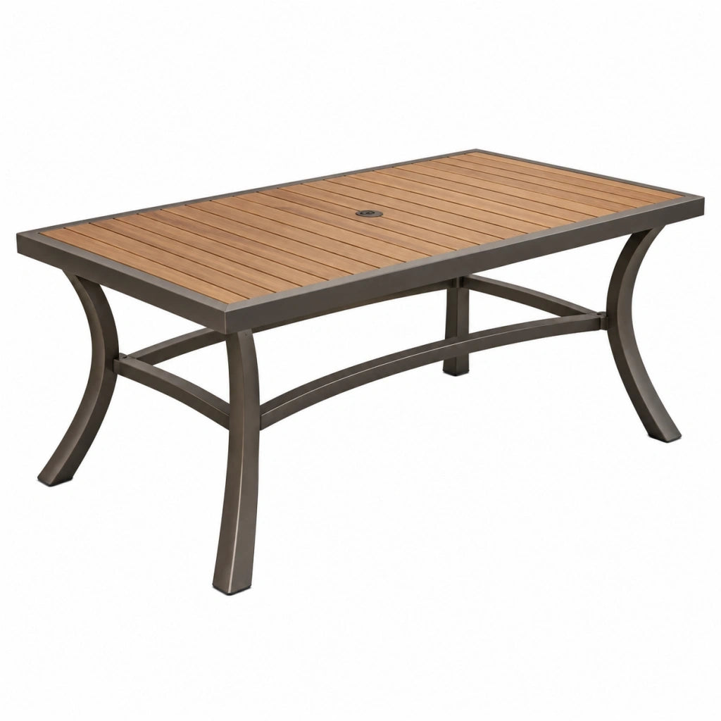 Tavolo da giardino 150 x 90 x 74 cm con piano effetto legno e struttura in metallo marrone stile contemporaneo