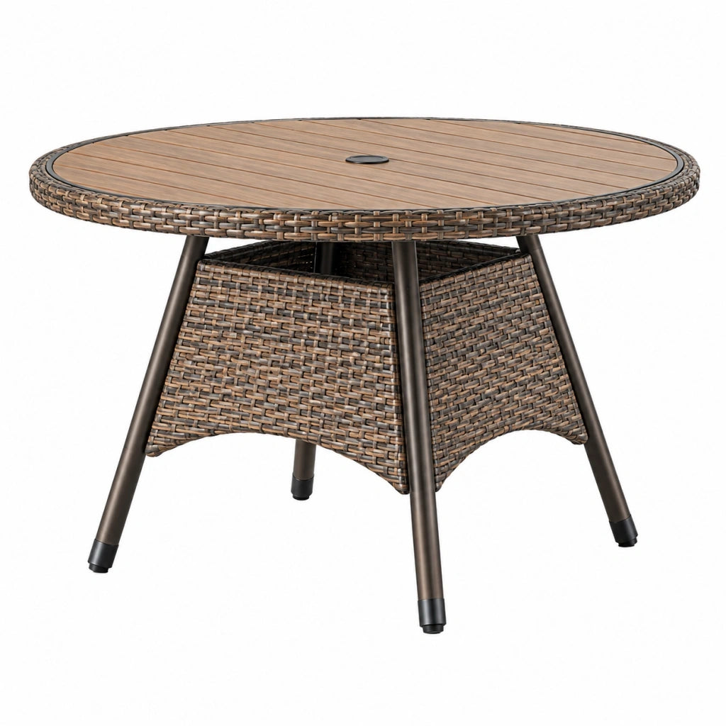 Tavolo da giardino rotondo 110 x 74 cm in rattan sintetico marrone con piano effetto legno e foro per ombrellone