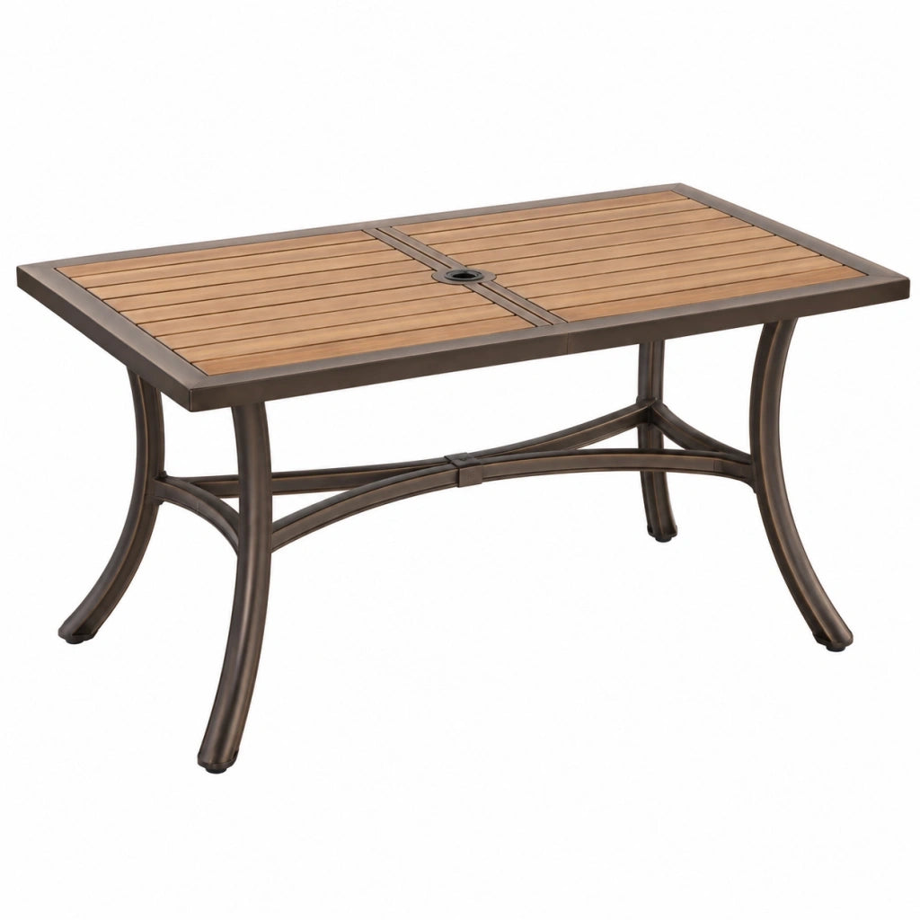 Tavolo da giardino 150 x 90 x 74 cm in metallo e legno marrone con foro per ombrellone stile classico