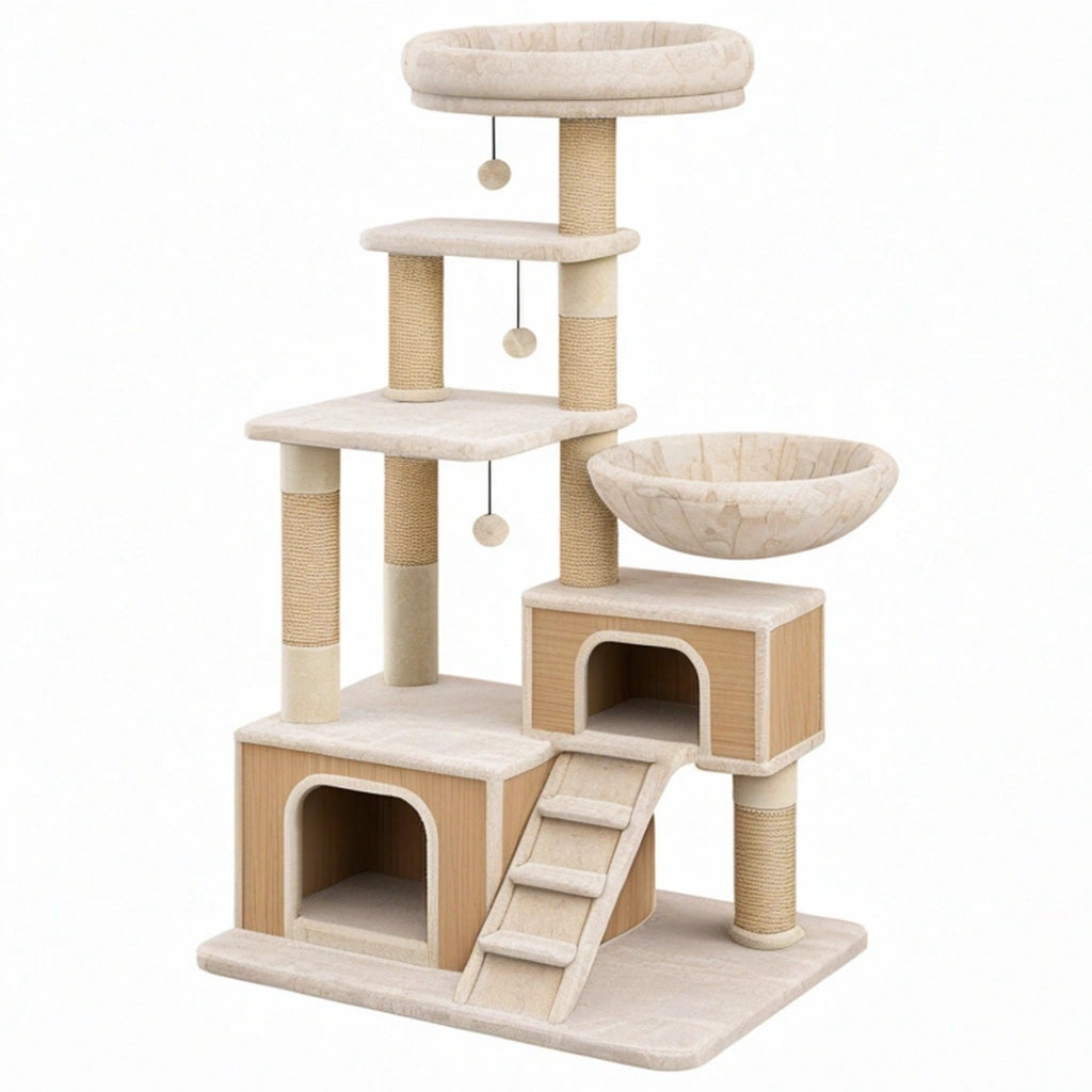 Albero tiragraffi per gatti 60 x 50 x 150 cm in sisal e tessuto beige con cucce e piattaforme
