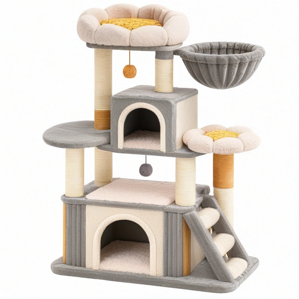 Tiragraffi per gatti 60 x 50 x 130 cm in peluche beige grigio e sisal con cuccette e giochi