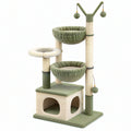Tiragraffi per gatti 60 x 50 x 145 cm in sisal e peluche verde e beige con cuccia e giochi sospesi