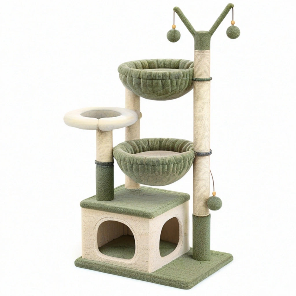 Tiragraffi per gatti 60 x 50 x 145 cm in sisal e peluche verde e beige con cuccia e giochi sospesi