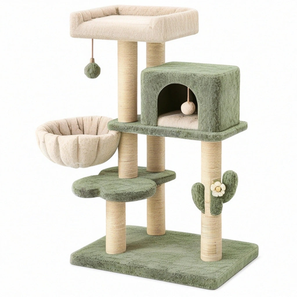 Albero tiragraffi per gatti 60 x 50 x 135 cm in tessuto verde e beige con cuccia e piattaforme