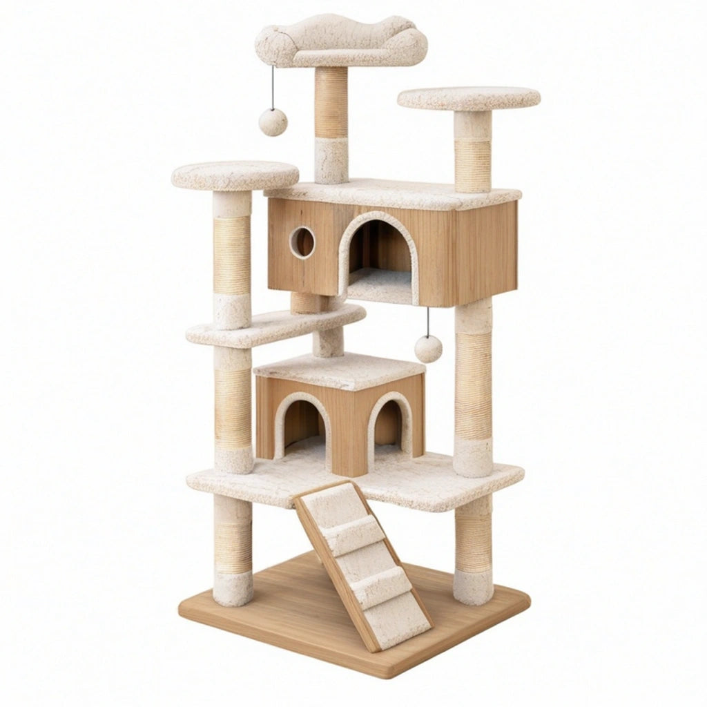 Albero tiragraffi per gatti 60 x 50 x 150 cm in legno beige con corda e piattaforme