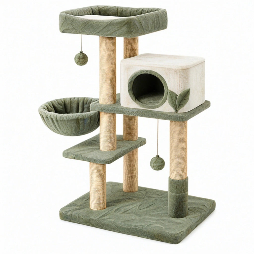 Albero tiragraffi per gatti 60 x 50 x 140 cm in sisal e tessuto verde con cuccia e piattaforme