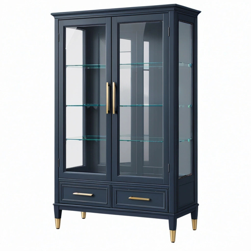 Vetrina 100 x 45 x 190 cm in legno ingegnerizzato e vetro blu scuro con ante vetrate stile classico